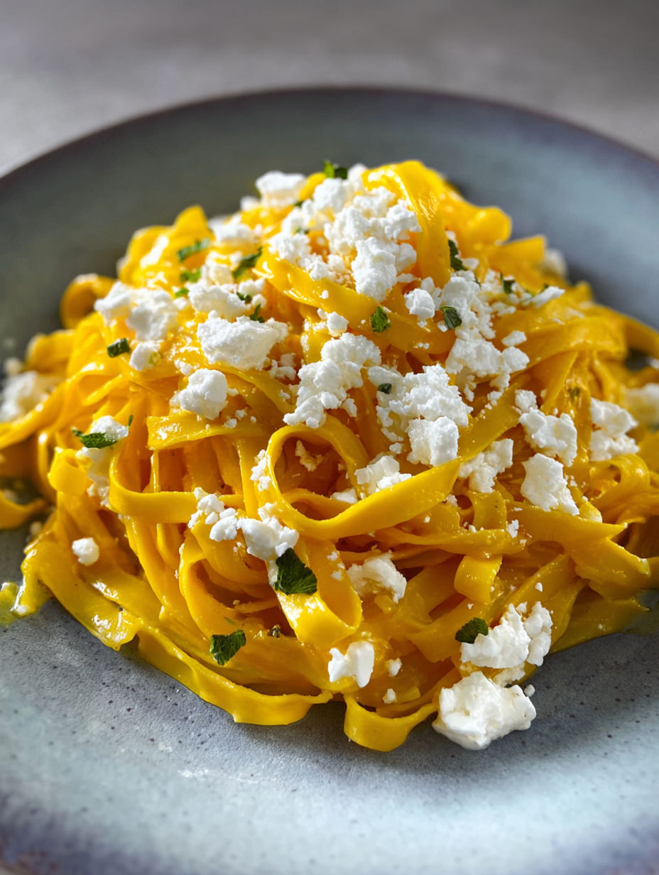 A plate of pasta with cheese and a yellow sauce.