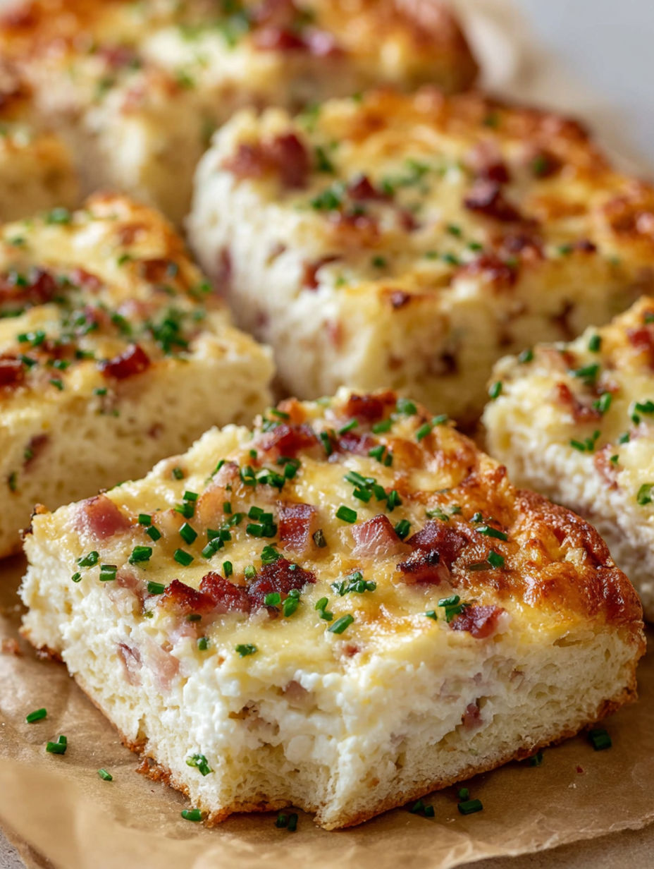 Bacon and cheese casserole on a wooden table.