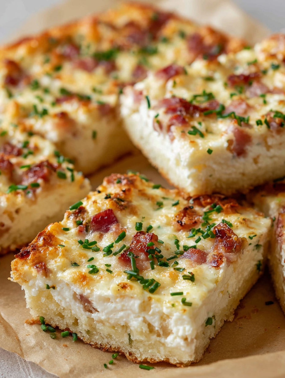 A close up of a piece of cake with bacon and cheese.