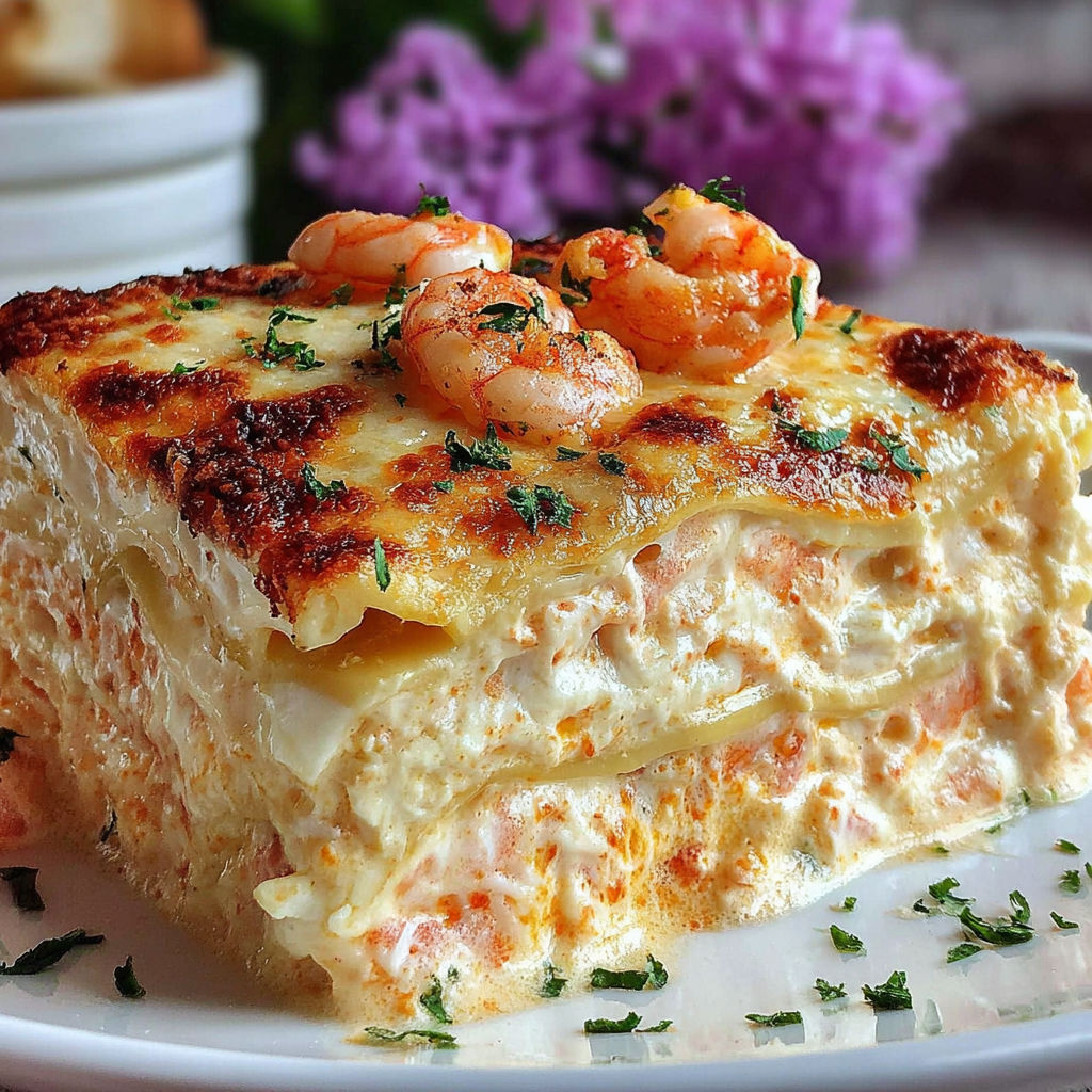A plate of lasagna with shrimp on top.