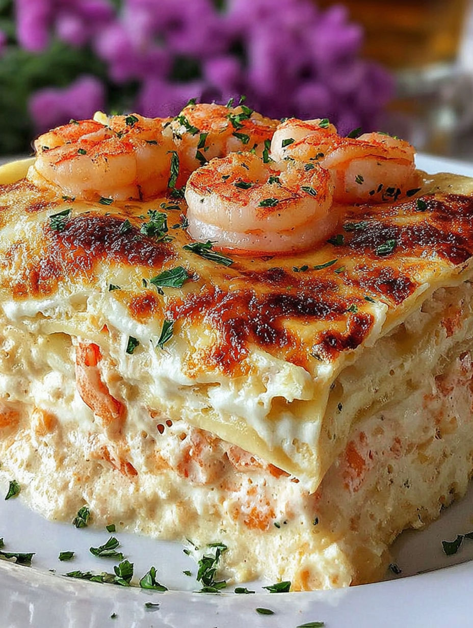A plate of lasagna with shrimp on top.
