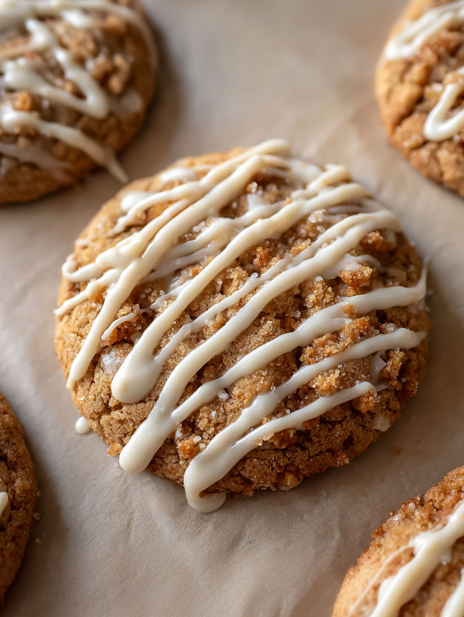A cookie with white icing and brown sugar.