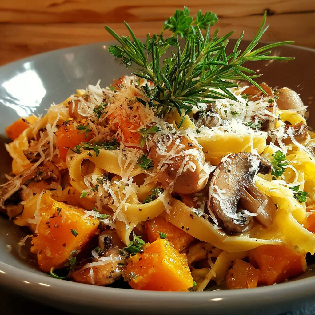 A bowl of pasta with mushrooms and pumpkin.