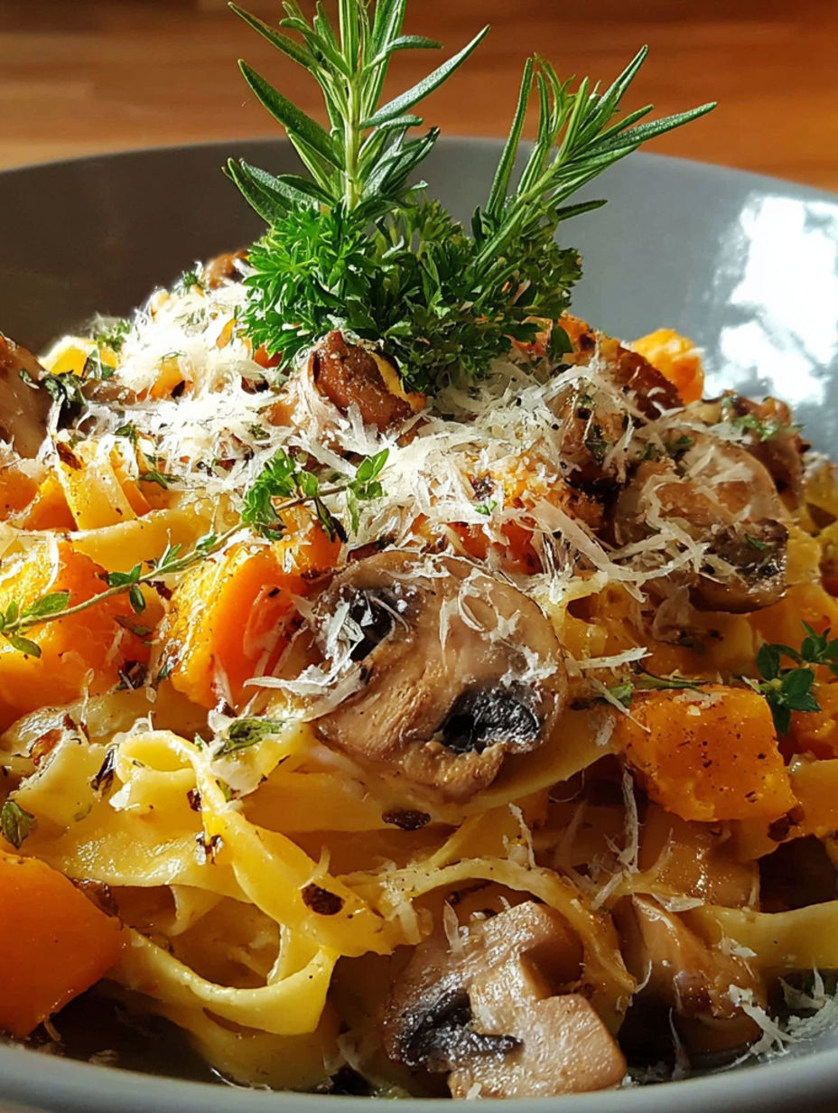 A plate of pasta with mushrooms and carrots.