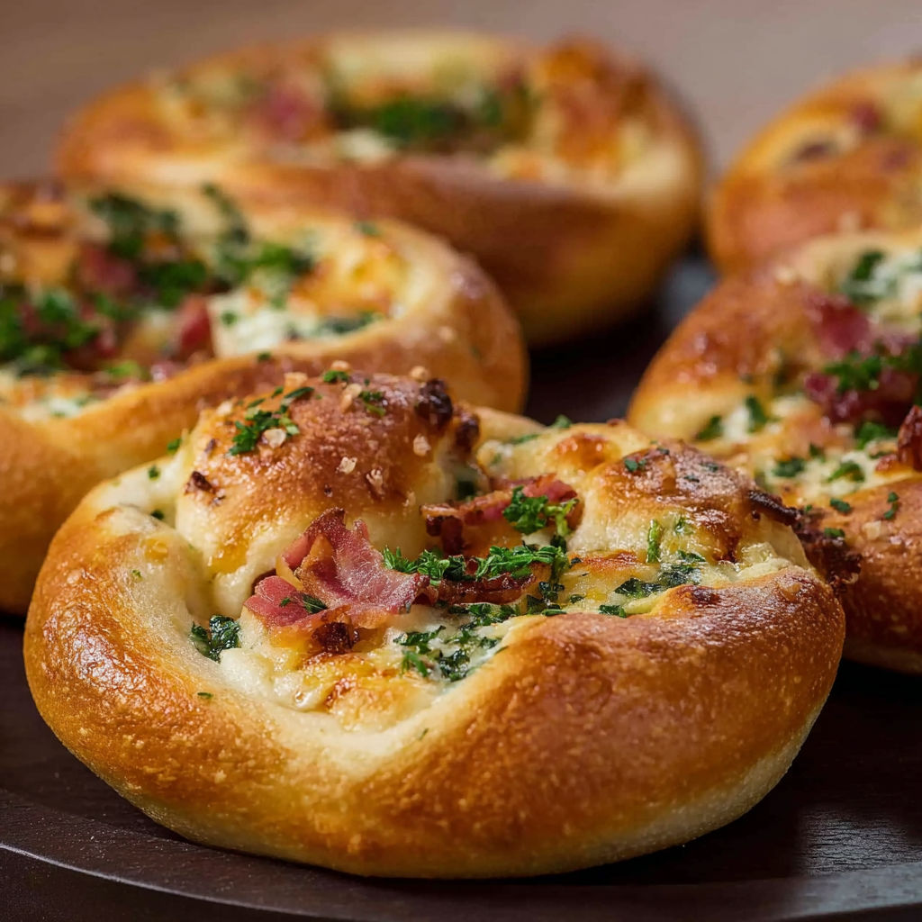 Flammkuchen Brezeln with cheese and bacon.