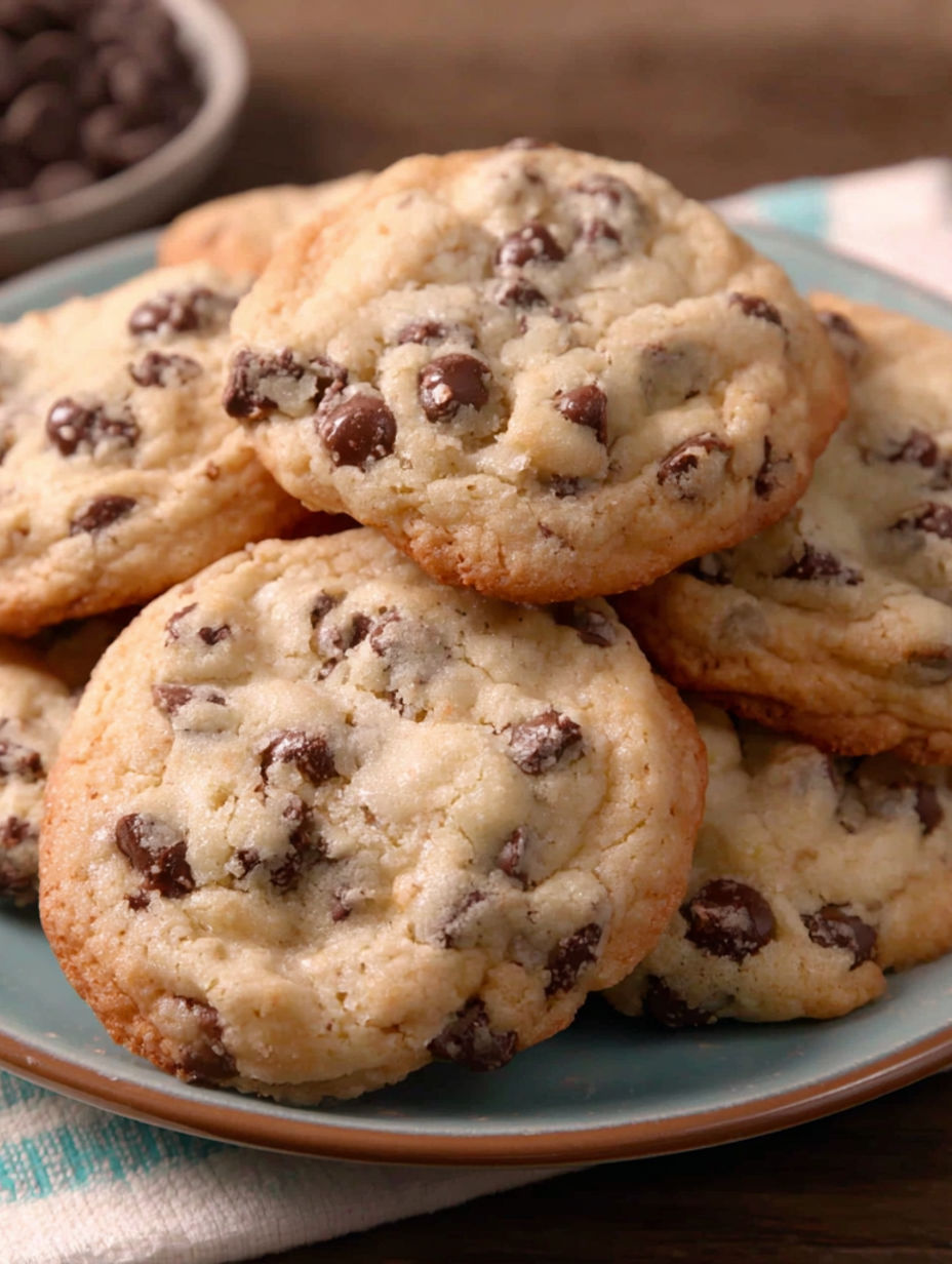 A plate of chocolate chip cookies with chocolate chips on top.