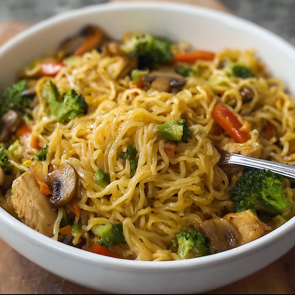 A bowl of chicken stir fry noodles.