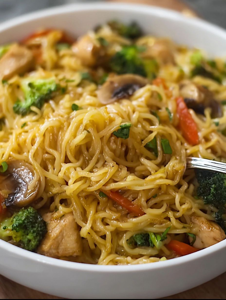 A bowl of chicken ramen stir fry with mushrooms, broccoli, and carrots.