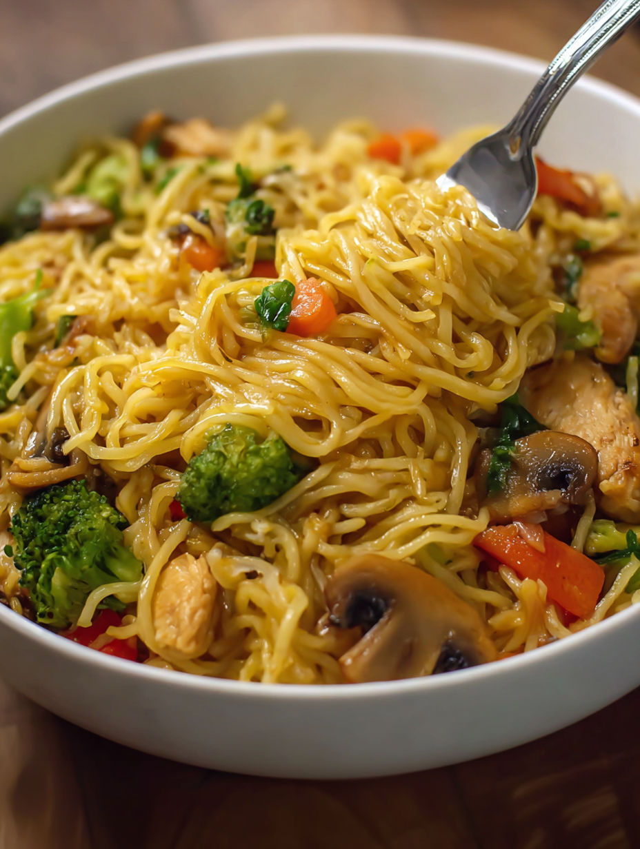 A bowl of chicken ramen stir fry.