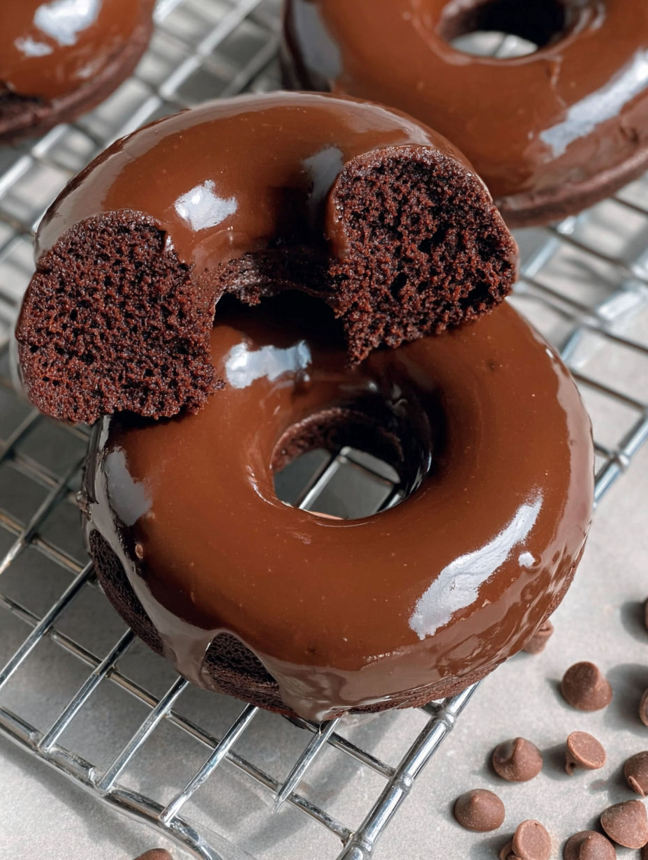A chocolate donut with a bite taken out of it.
