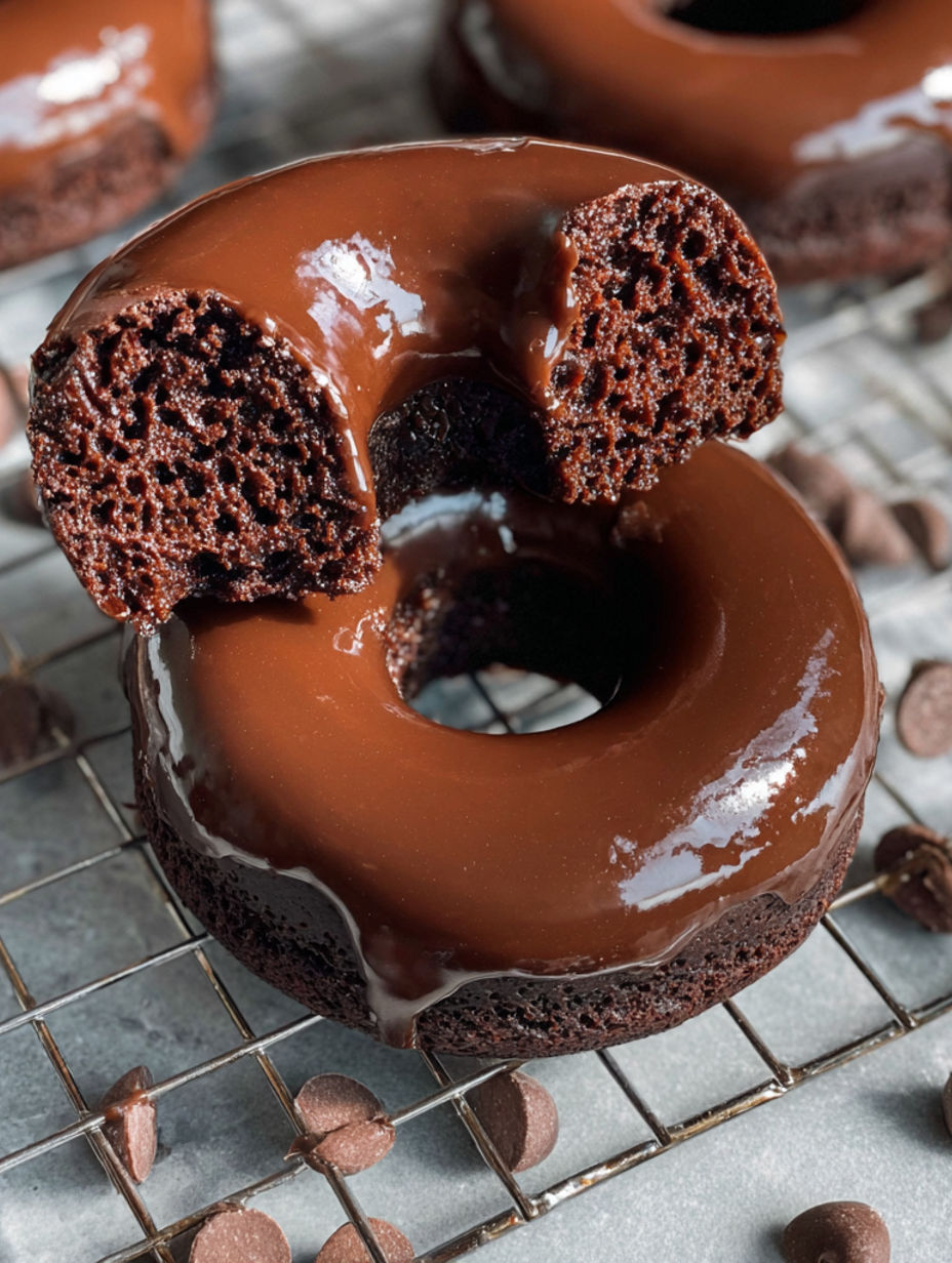 A chocolate donut with chocolate frosting and chocolate chips.