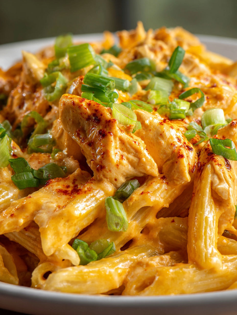 A plate of cremige buffalo chicken pasta.