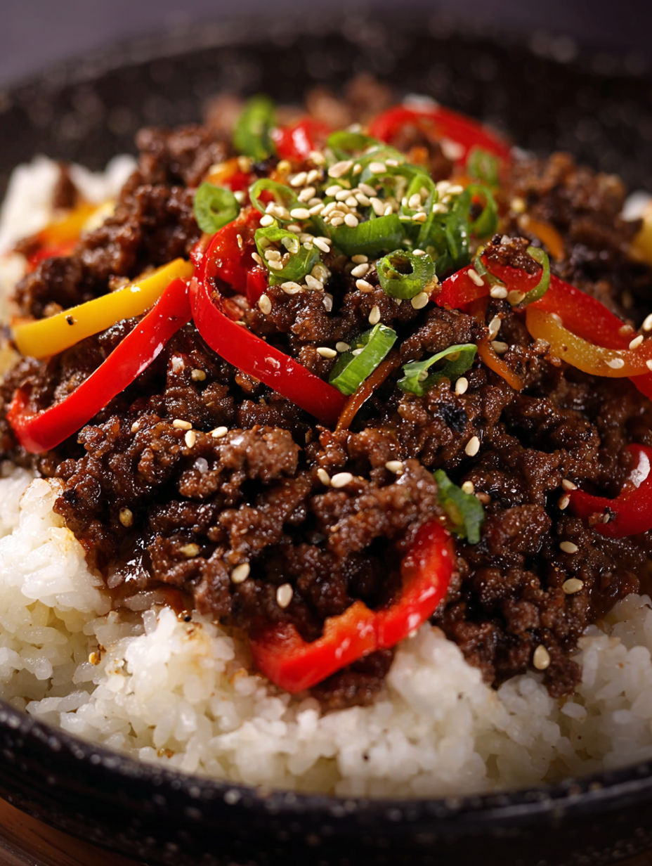A dish of beef and vegetables on rice.