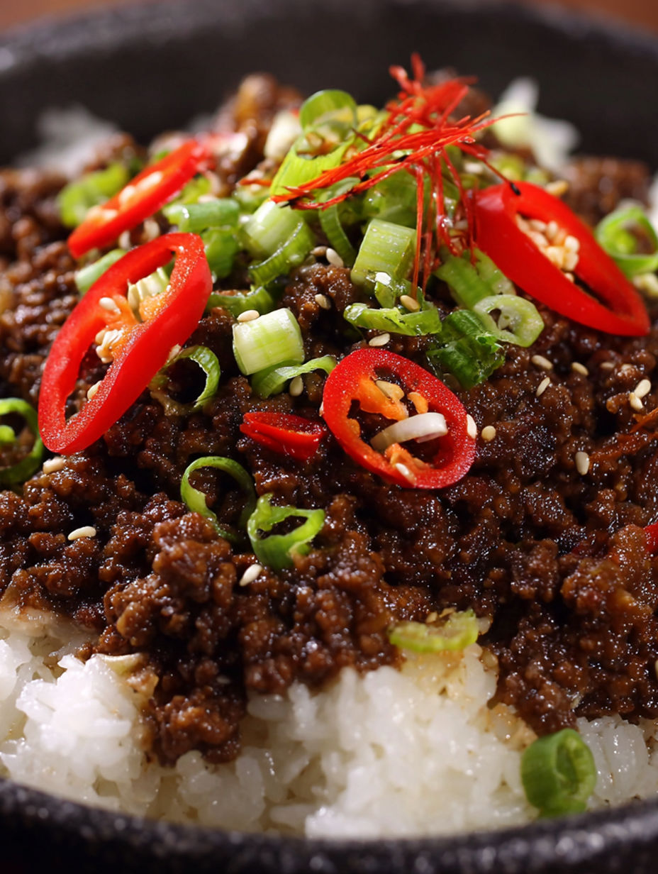 A close up of a delicious looking beef bowl.