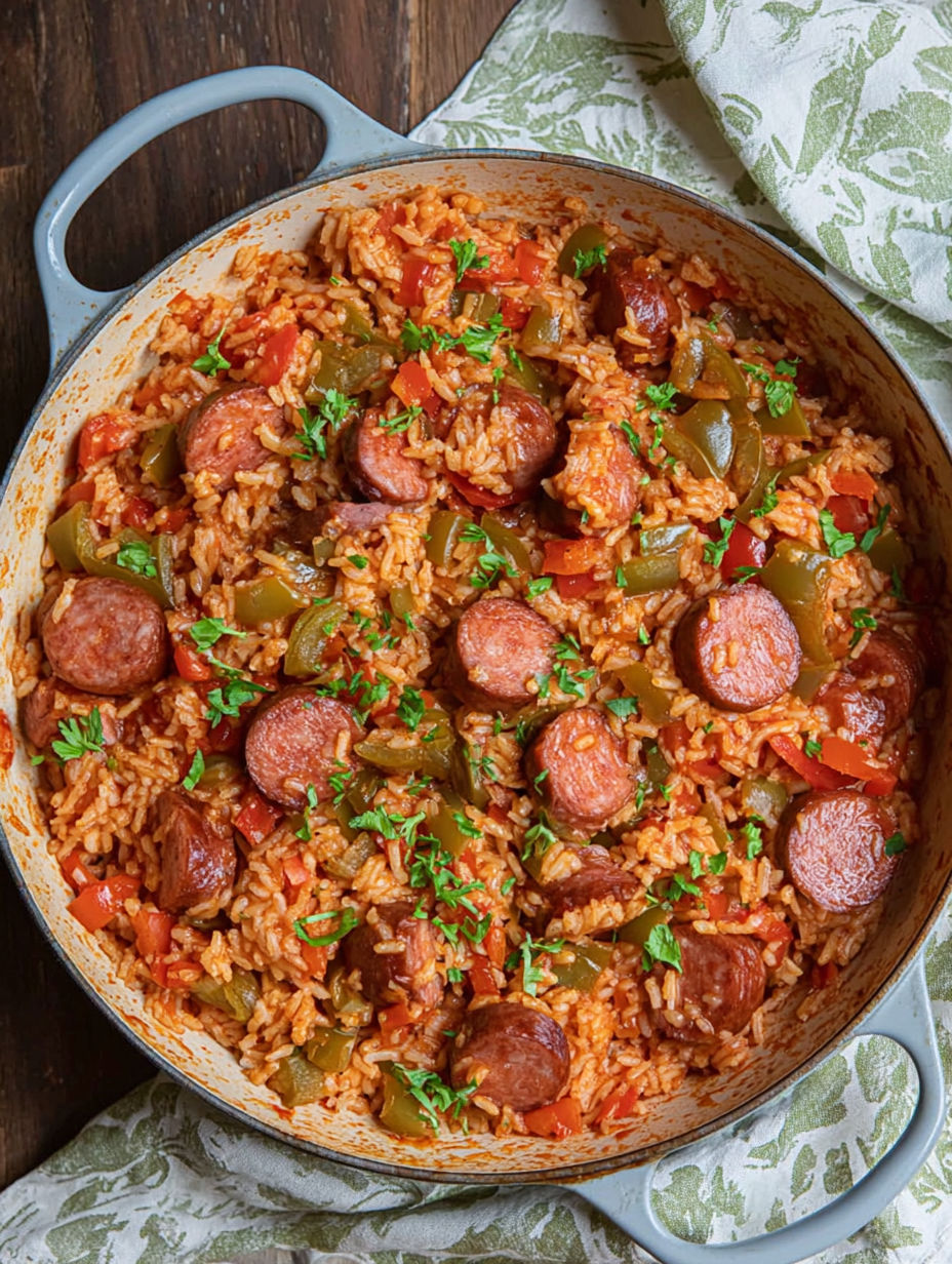 A bowl of rice and sausage.