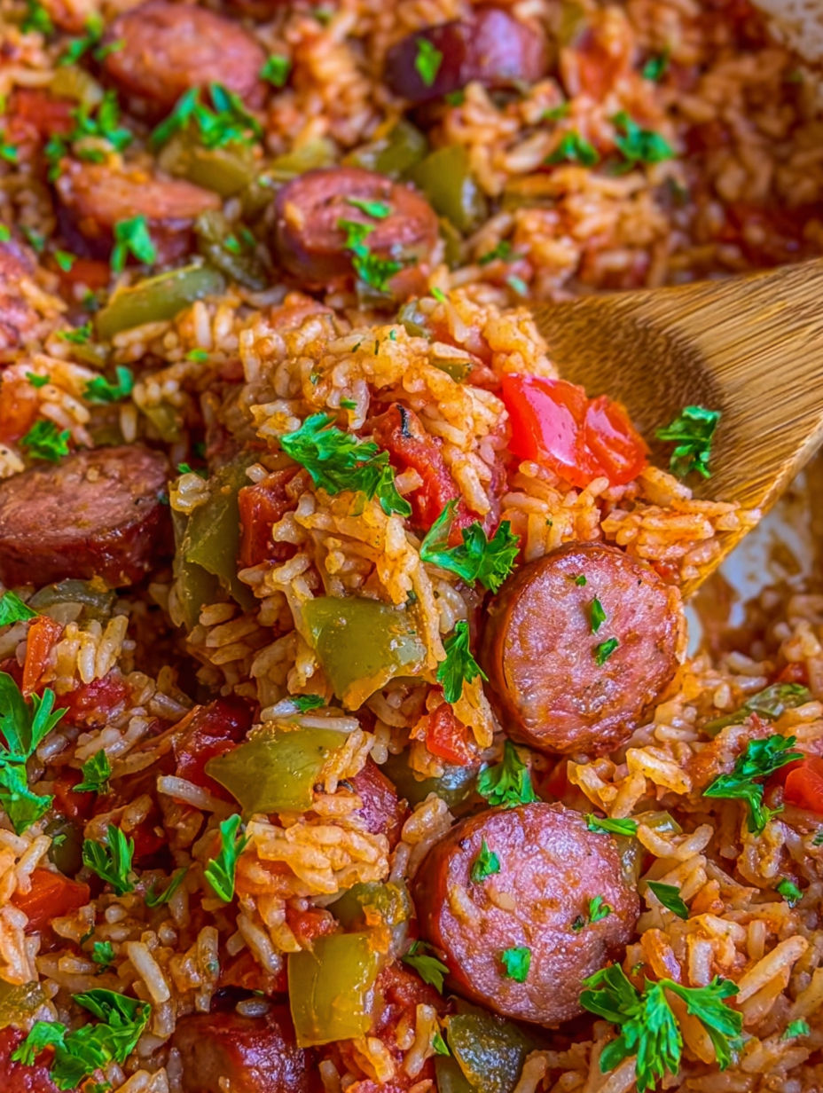 A plate of rice and sausage.