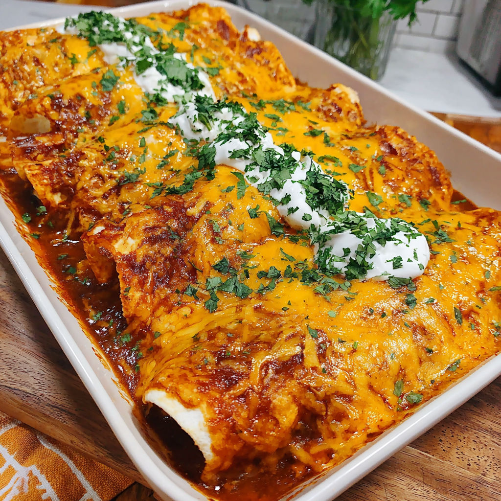 A white dish with a bean and cheese enchilada.