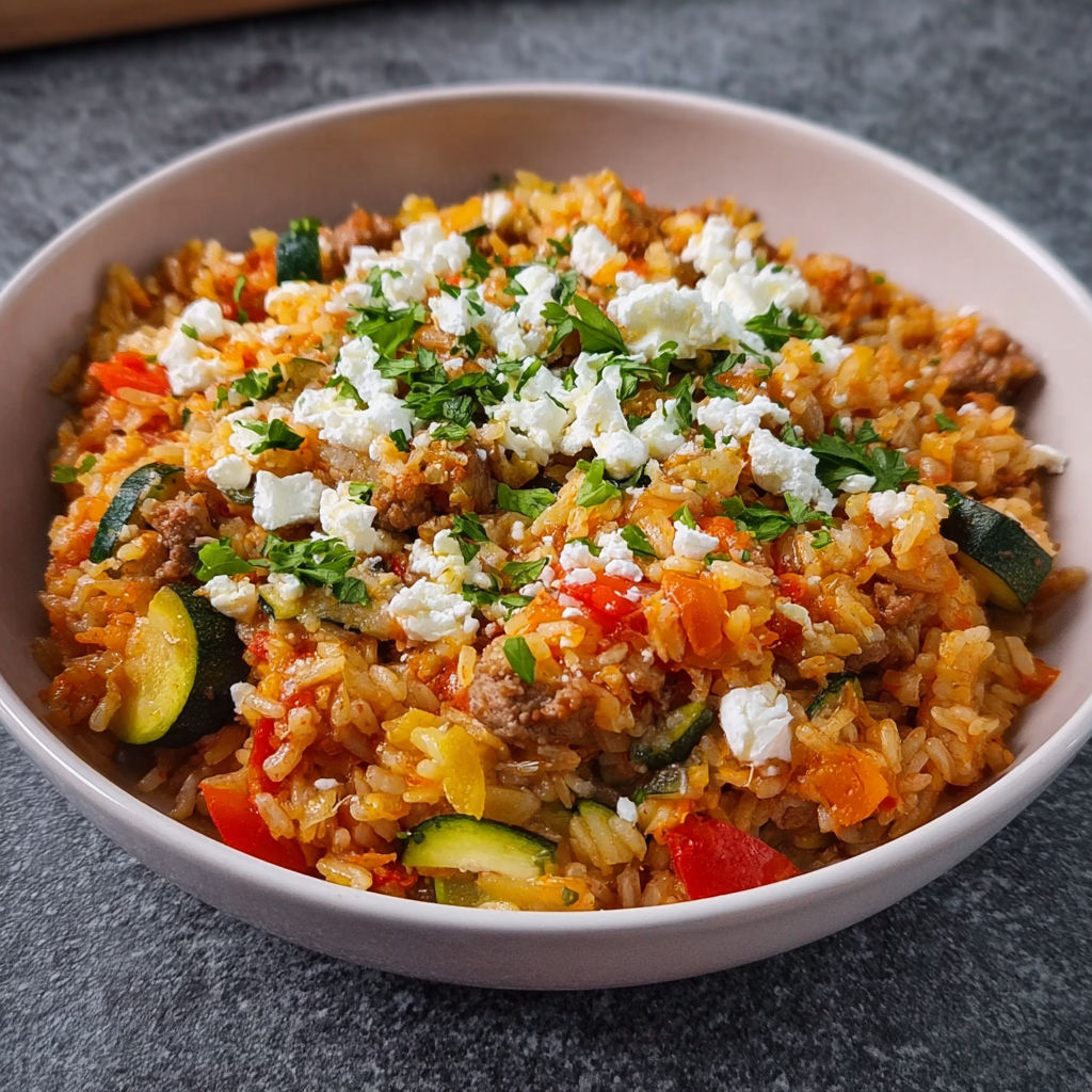 A bowl of rice with zucchini and feta cheese.
