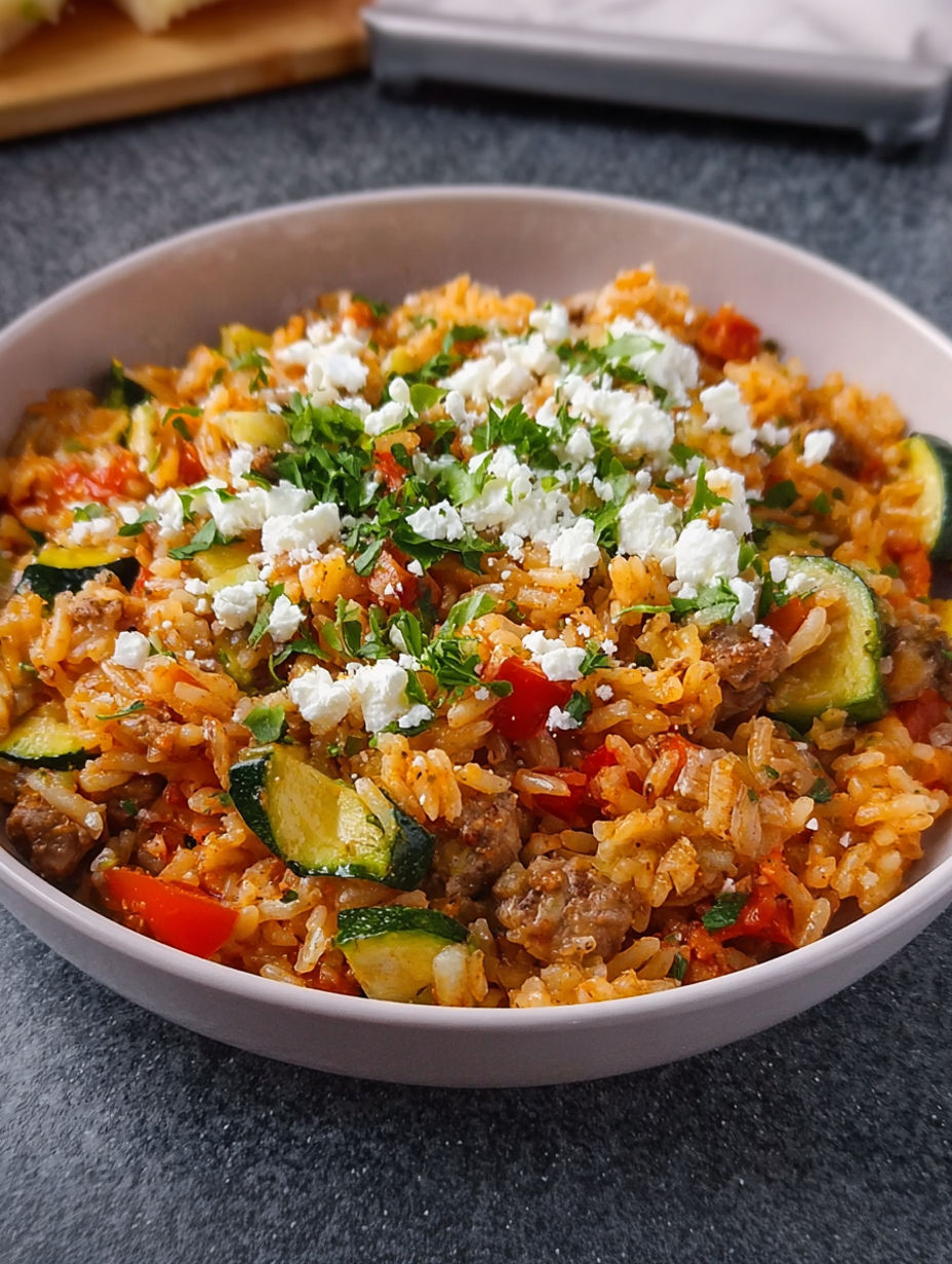 A bowl of rice with zucchini and feta cheese.