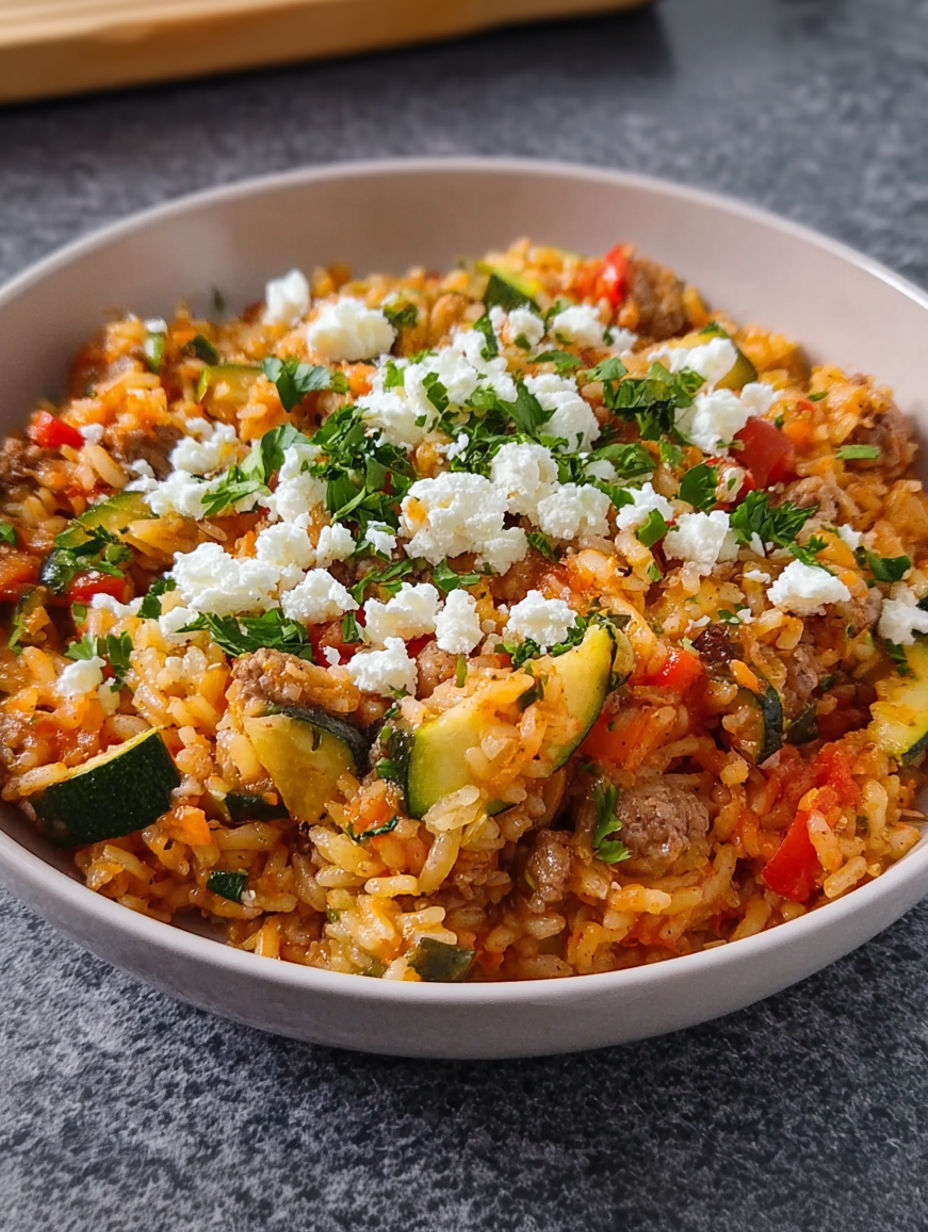 A bowl of rice with zucchini and feta cheese.