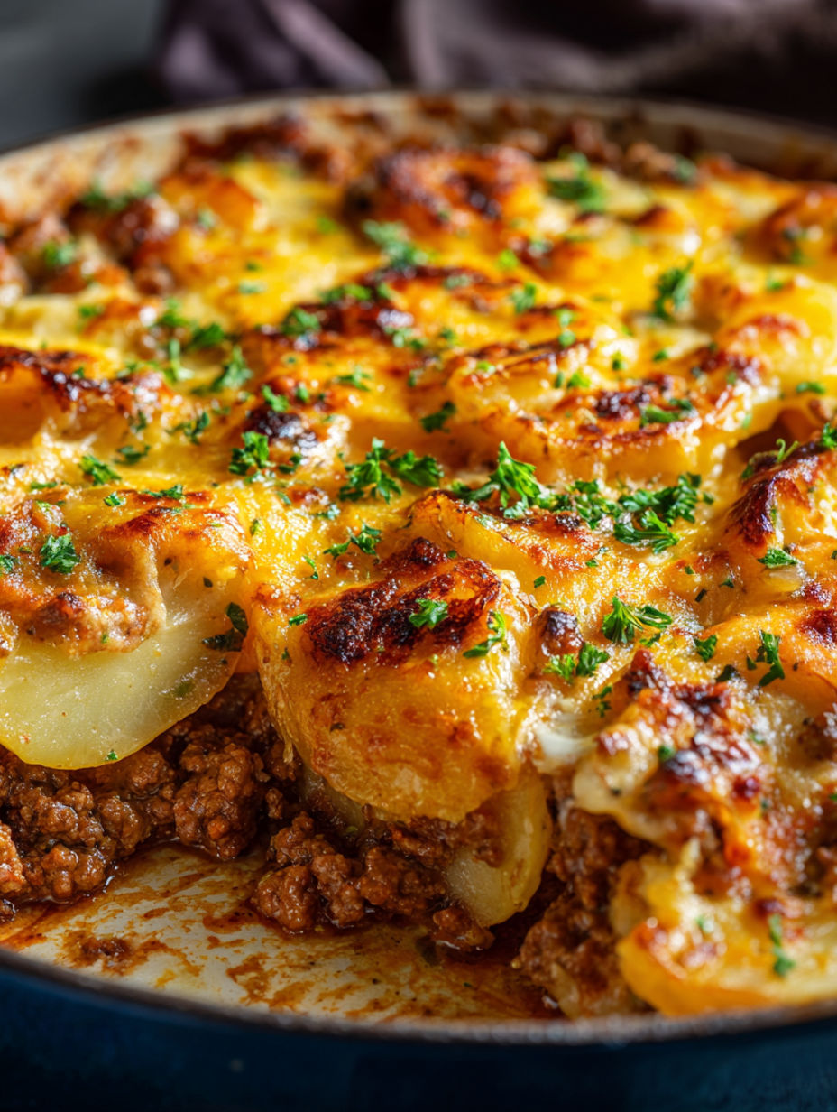A delicious cheesy ground beef and potatoes dish.