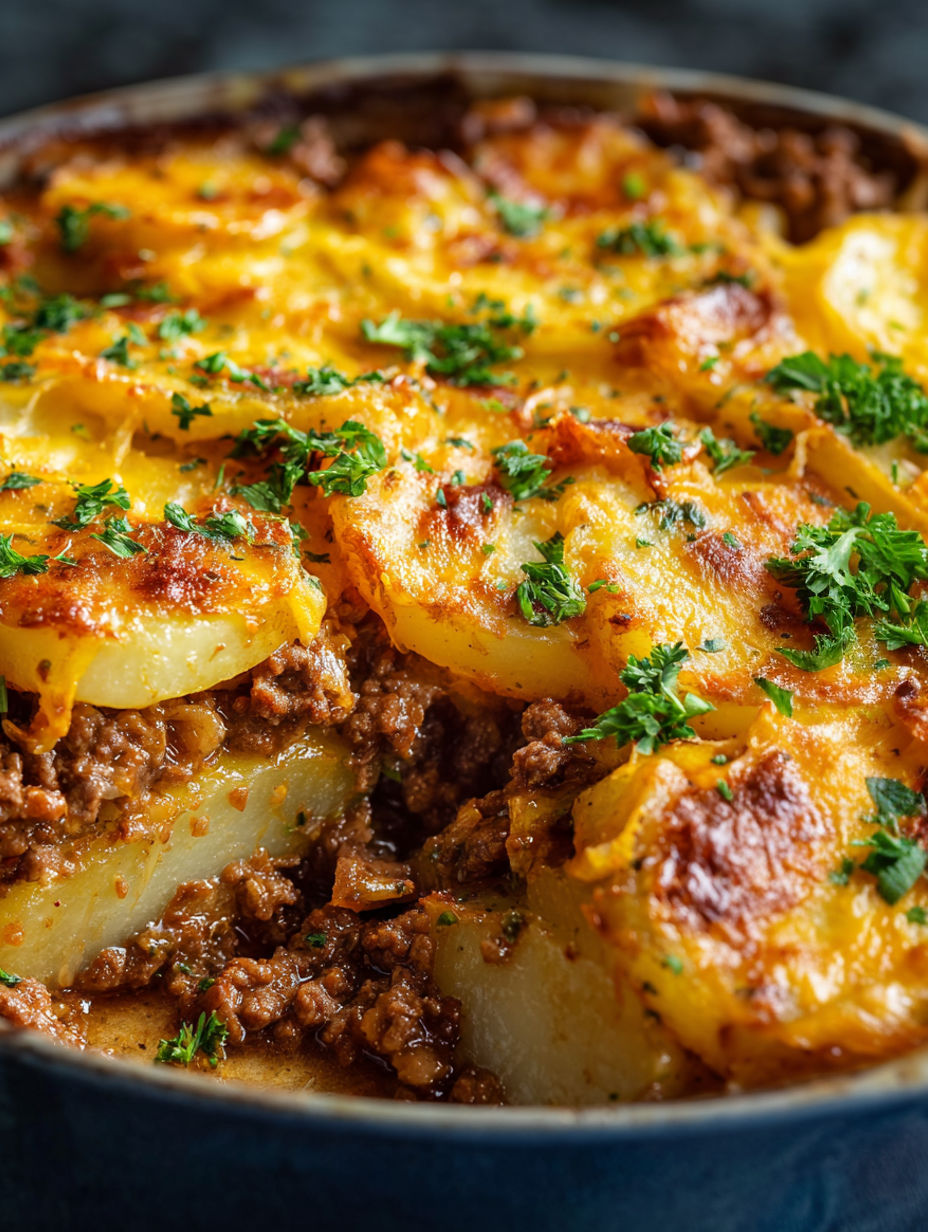 A delicious cheesy ground beef and potatoes dish.