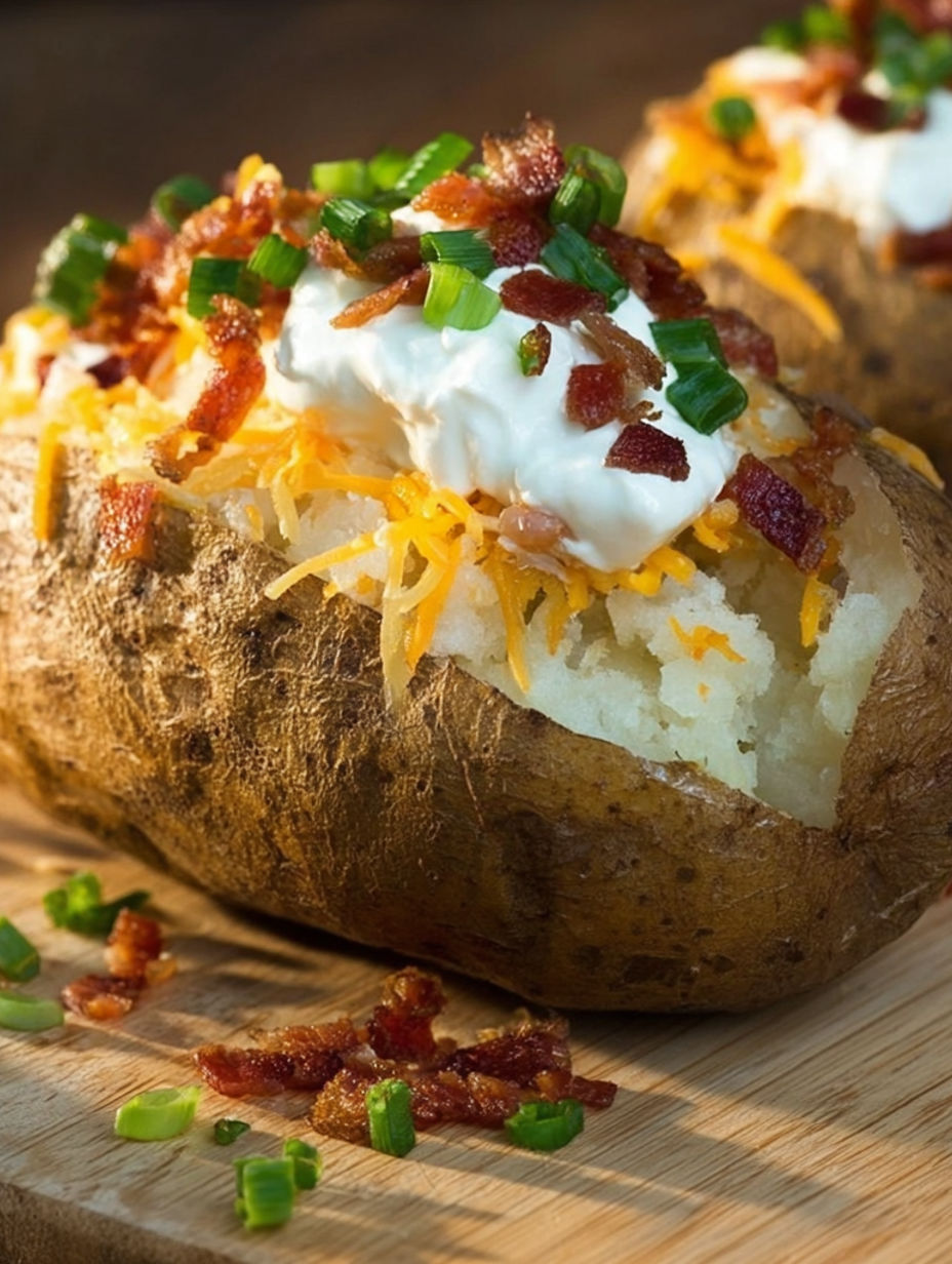 Twice baked potatoes with cheese and bacon.