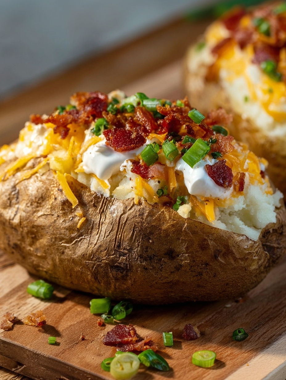 Twice baked potatoes with cheese and bacon.