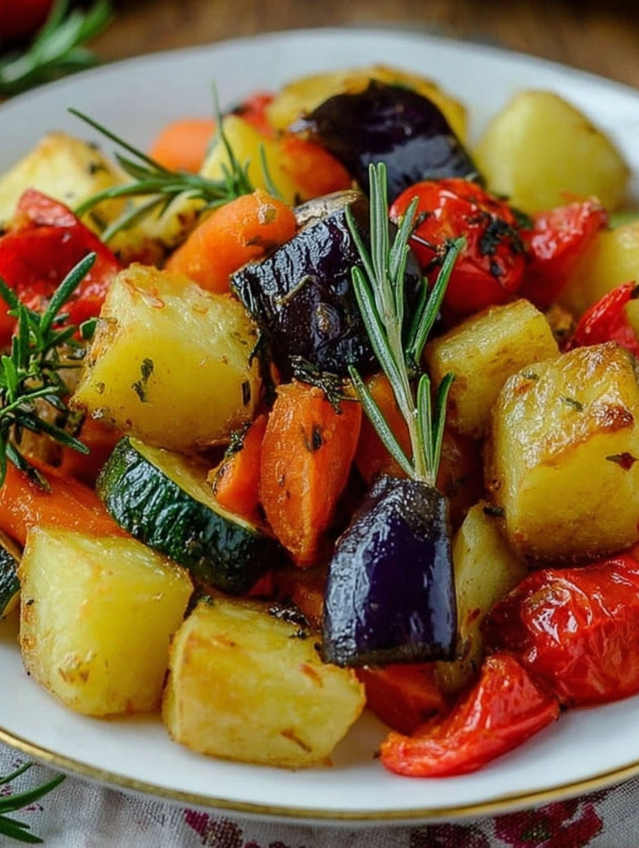 A plate of colorful vegetables and potatoes.