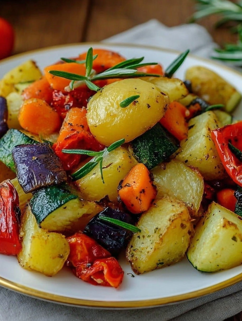 A plate of colorful oven-baked vegetables with potatoes.
