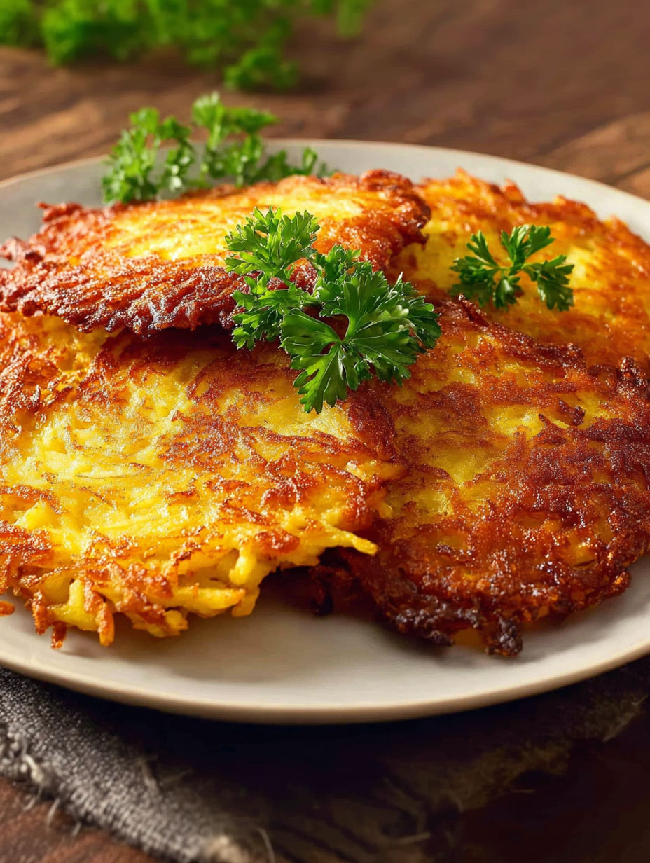 Two pieces of Kartoffelpuffer on a plate.