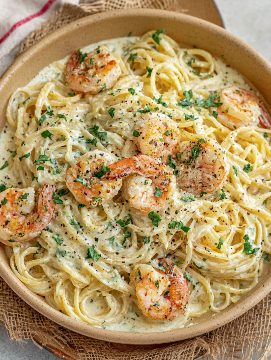 A bowl of spaghetti with shrimp and garlic.