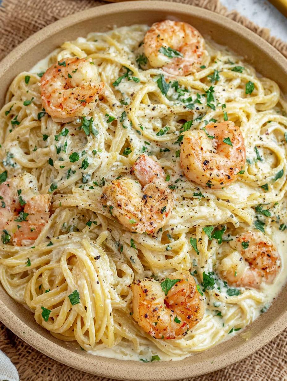 A bowl of spaghetti with shrimp and a creamy sauce.