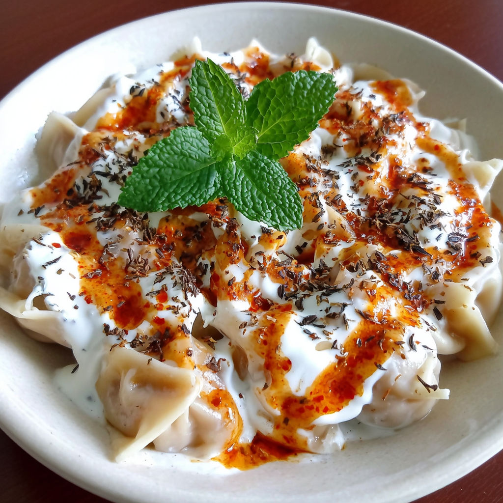 A plate of food with manti, mint, and butter.