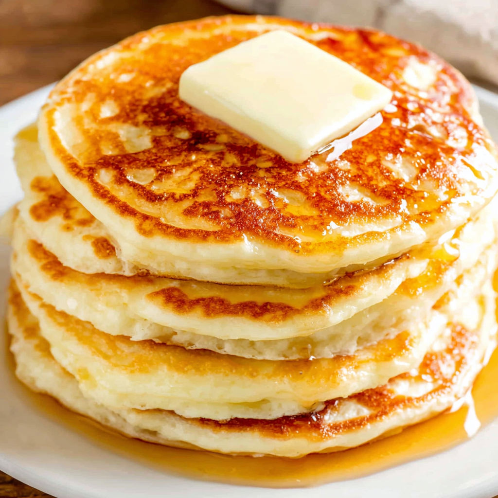 A stack of fluffy pancakes with butter on top.