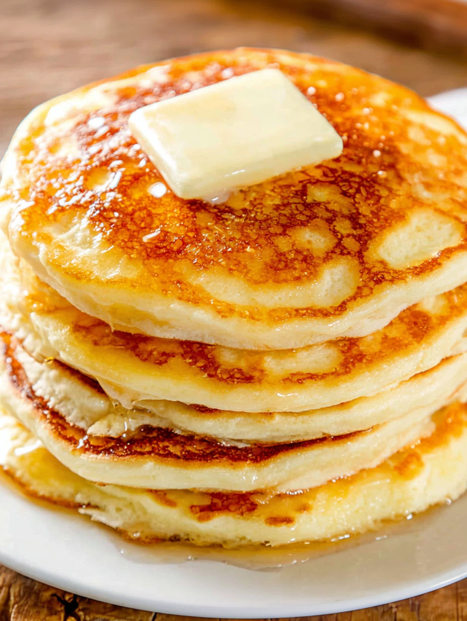 A stack of fluffy pancakes with butter on top.