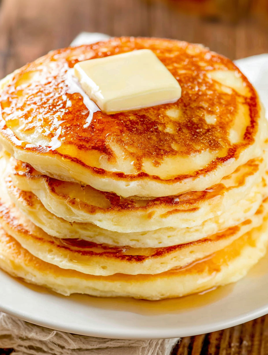 A stack of fluffy pancakes with butter on top.