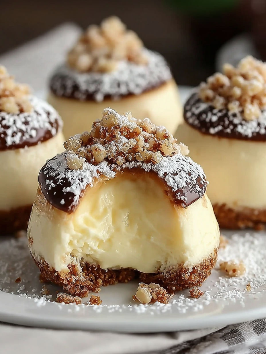 Mini Käsekuchen-Törtchen mit Schoko-Nuss-Topping.