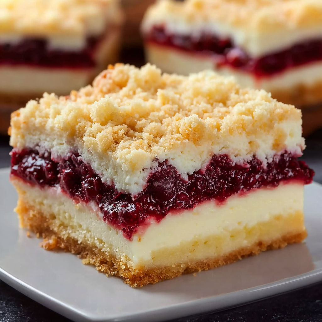 A slice of cake with a layer of cream and a layer of berries.