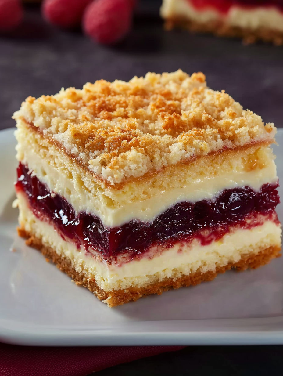 A slice of cake with a layer of cream and fruit.