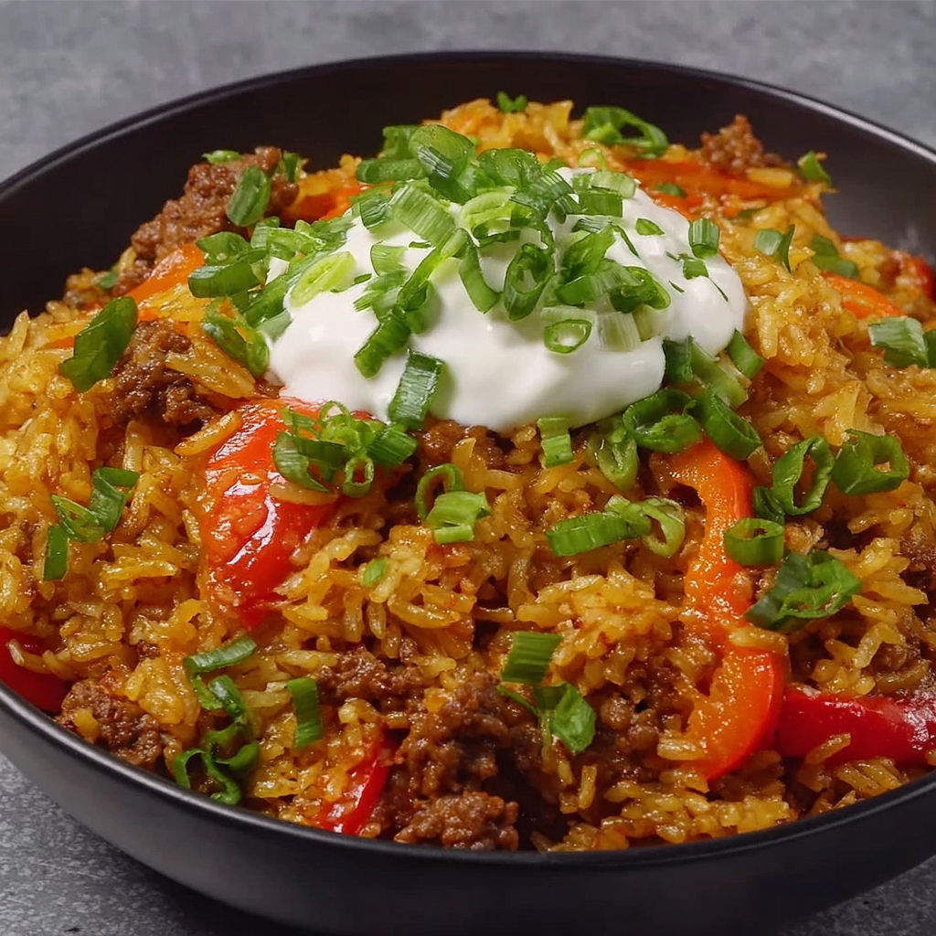 A bowl of rice with meat and vegetables.