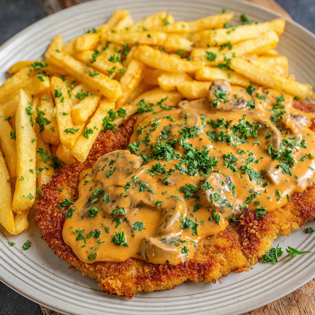 A plate of food with a piece of meat and fries.