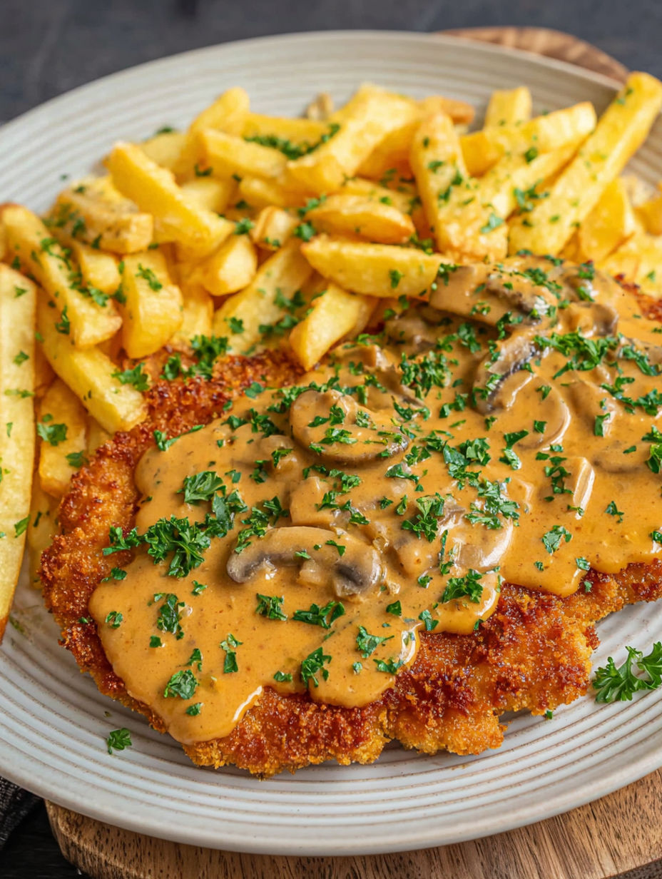 A plate of food with a piece of meat covered in gravy and mushrooms.