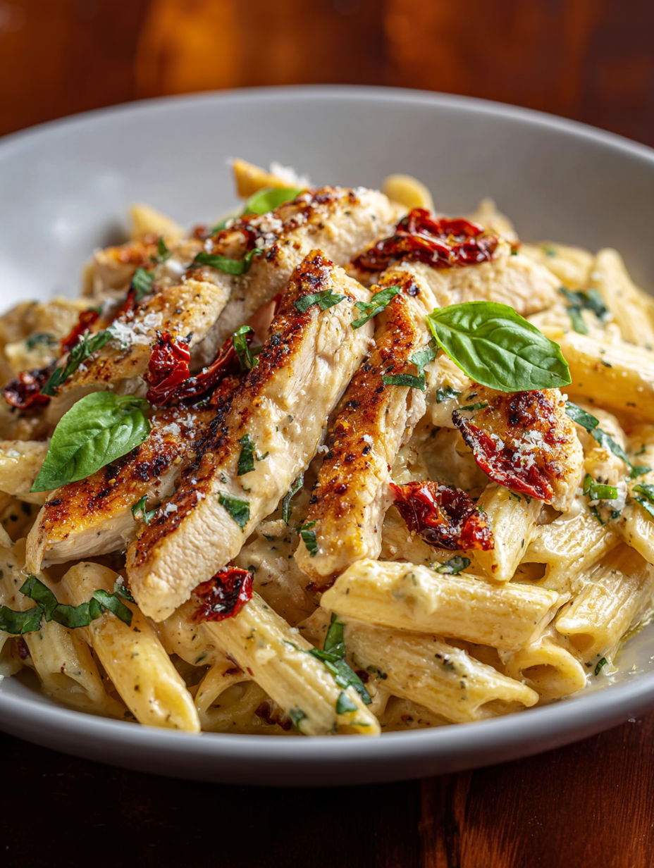 A bowl of chicken and pasta.