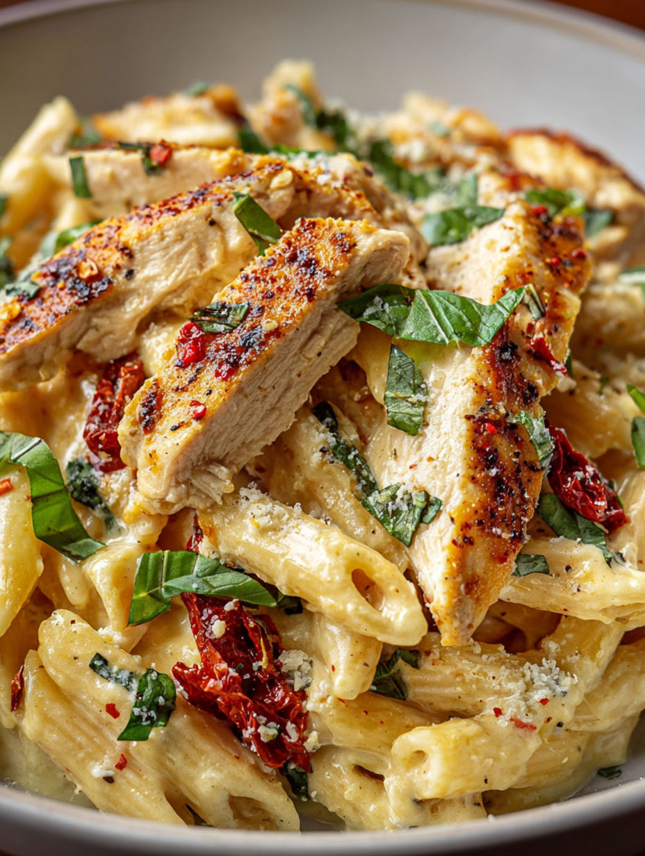A plate of chicken and pasta.