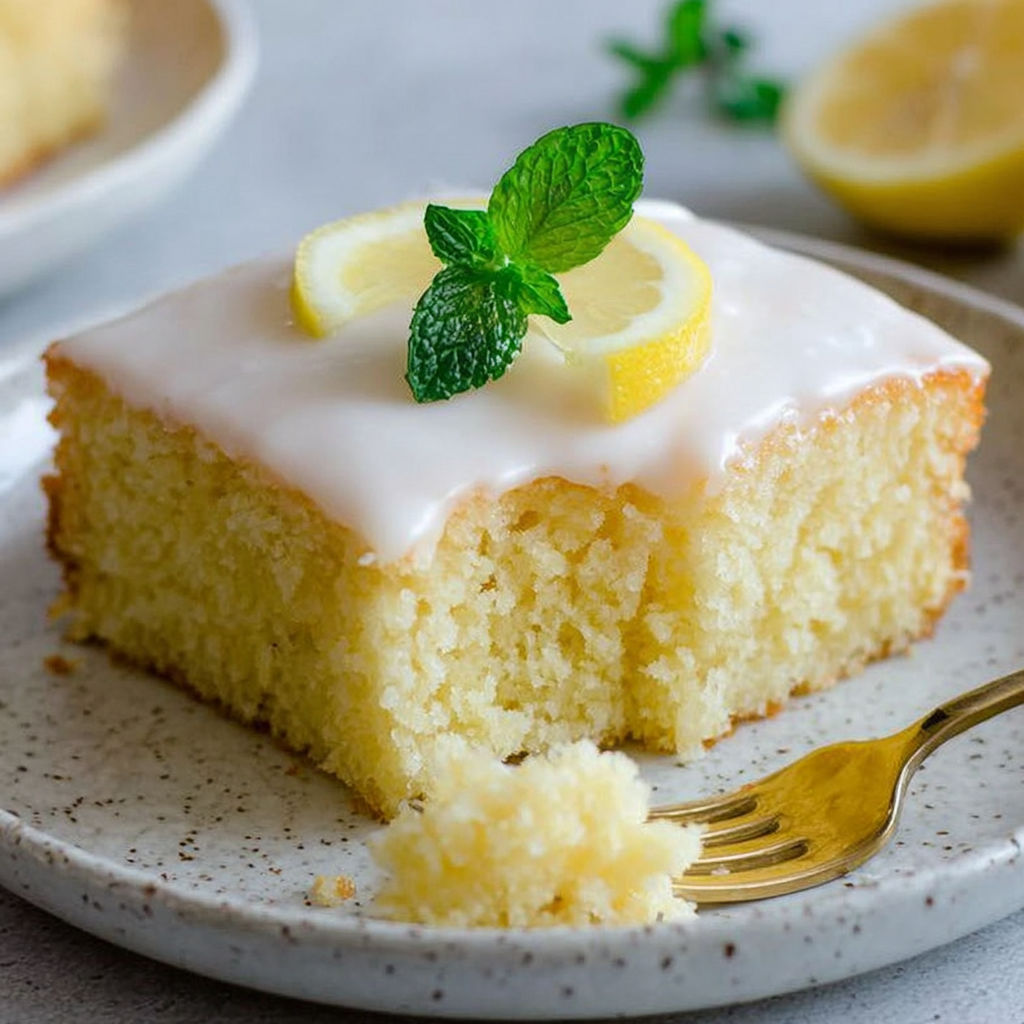 A slice of lemon cake with a green leaf on top.