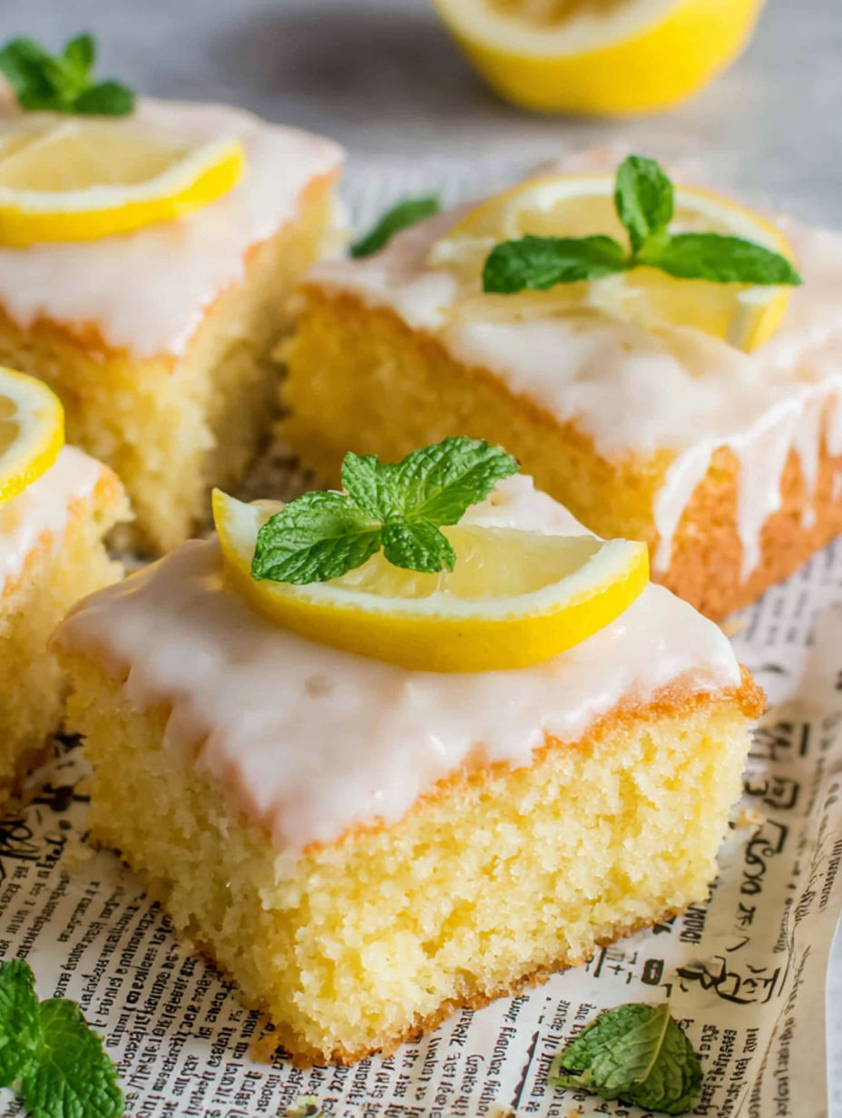 A slice of lemon cake with lemon slices on top.