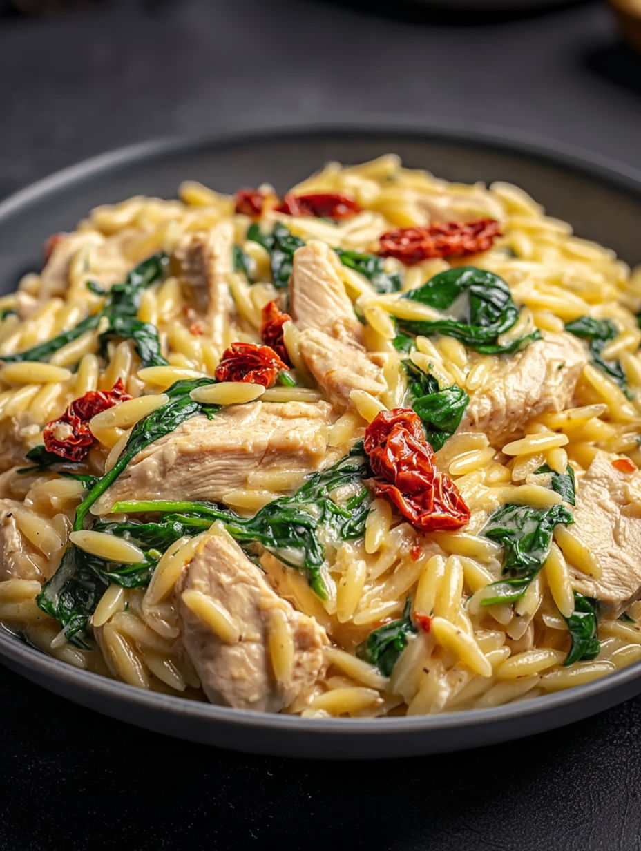 A plate of pasta with chicken and vegetables.