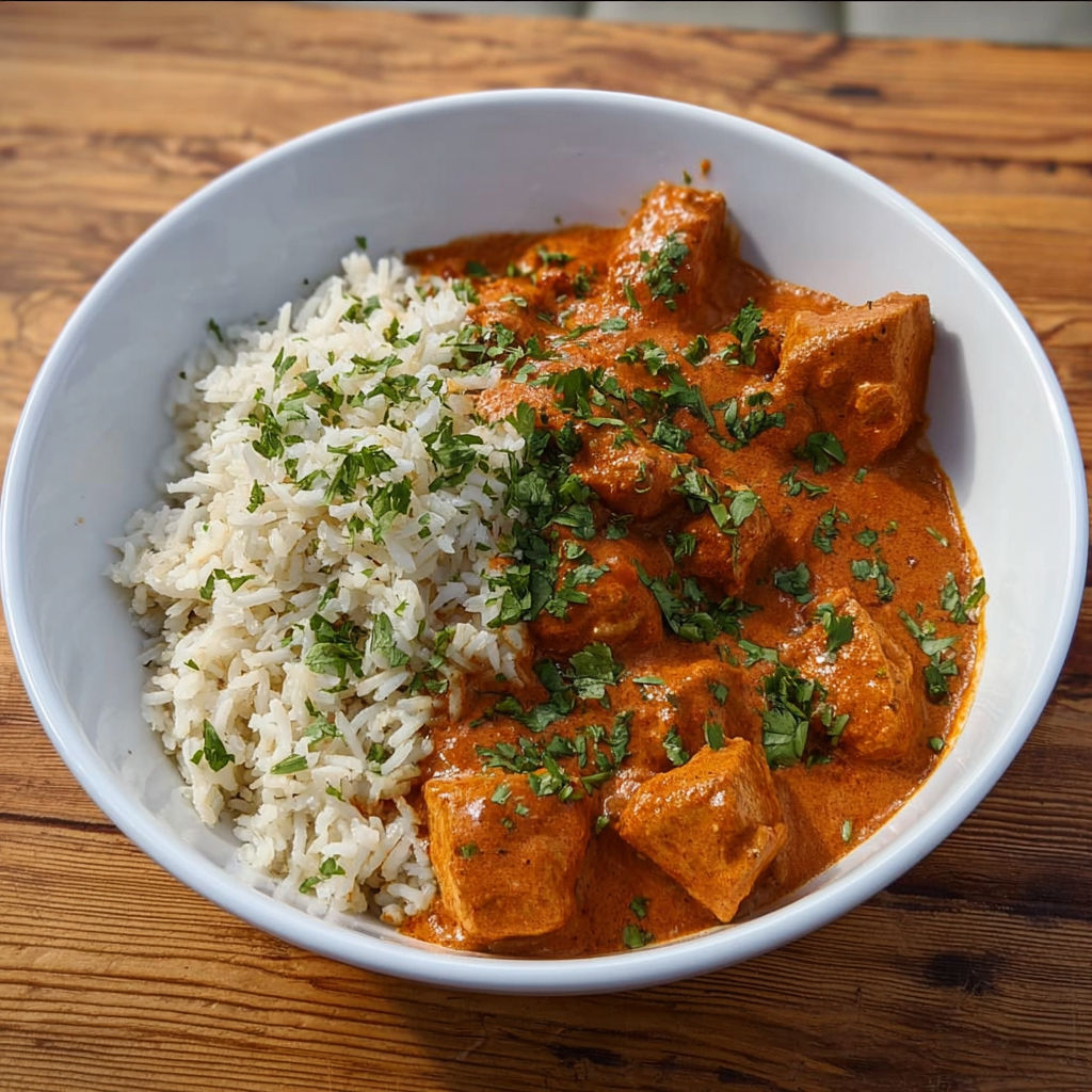 A bowl of butter chicken with rice.
