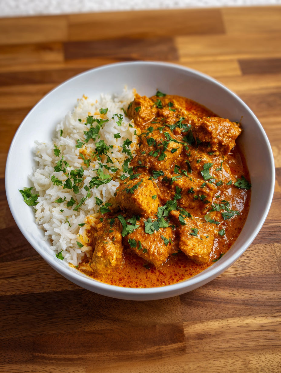 A bowl of butter chicken with rice.
